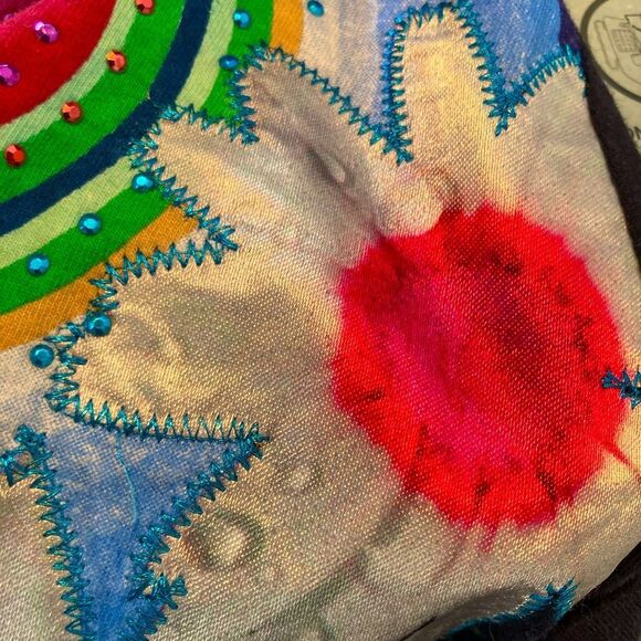 Desigual Navy and Mixed Patterned Long Sleeve Top includes velvet bling daisy - Picture 4 of 13